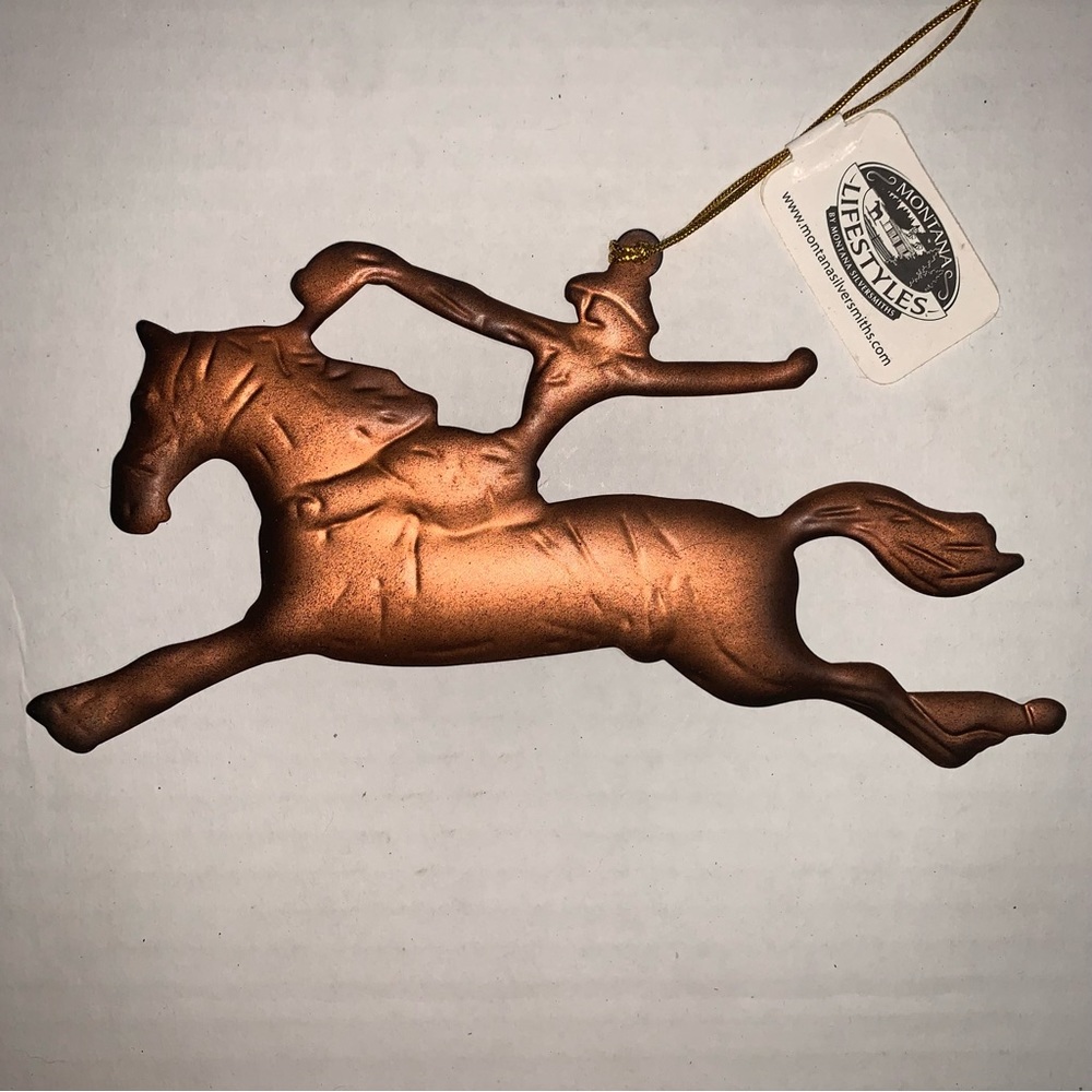 Copper Cowgirl Jumping Horse Ornament. Christmas